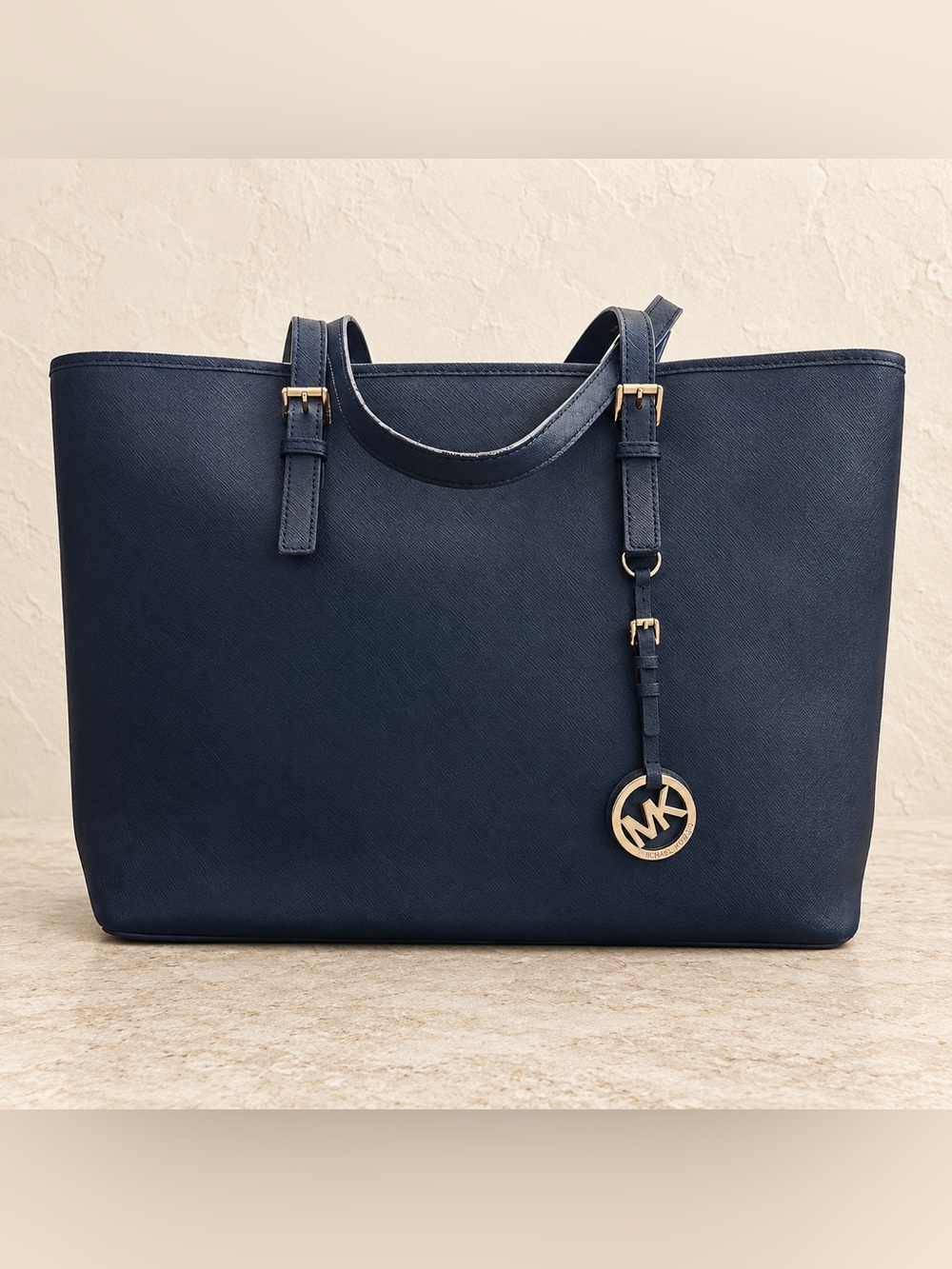 Michael Kors Navy Leather Tote with Gold Hardware